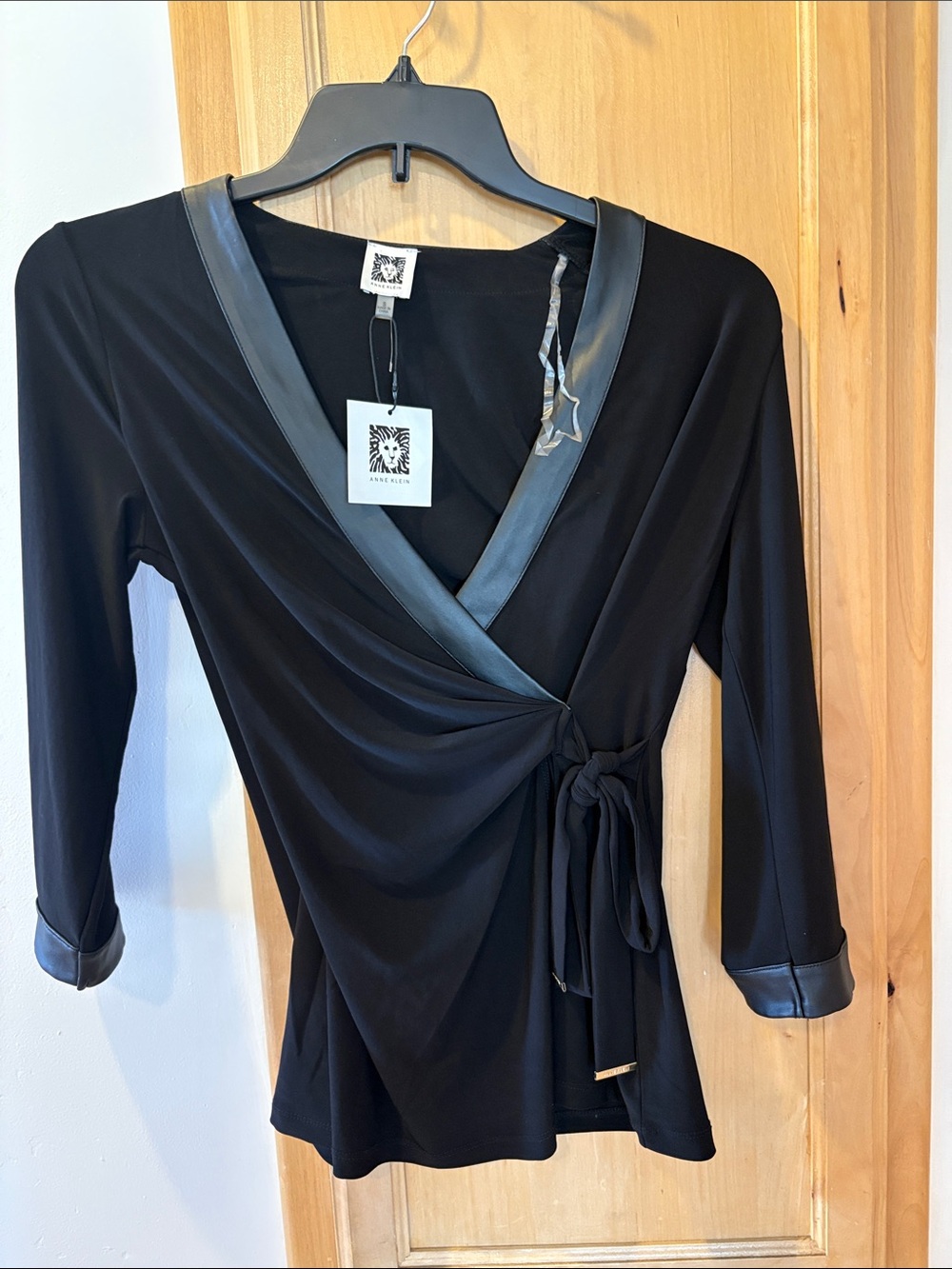 Anne Klein Black Faux-Leather Trim Wrap Blouse - Picture 1 of 4